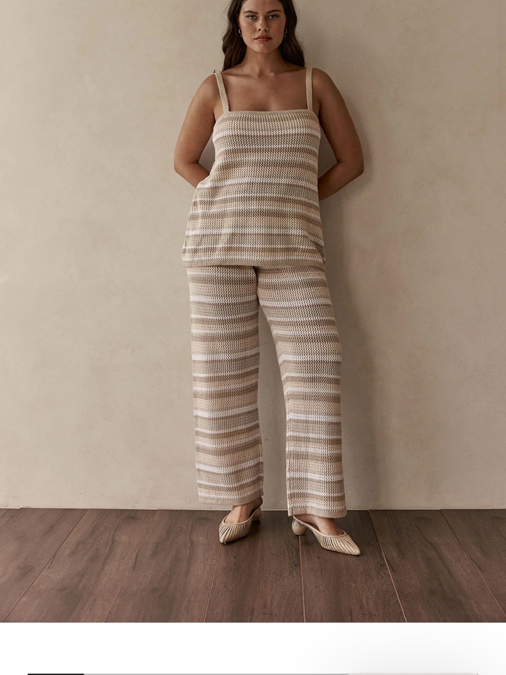 Striped Knit Square-Neck Camisole in Beige and White (pants also available)